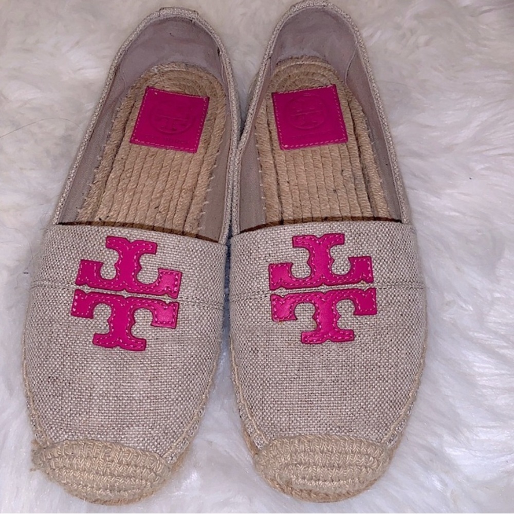 Tory Burch 9 1/2 flat espadrilles in canvas and pink leather